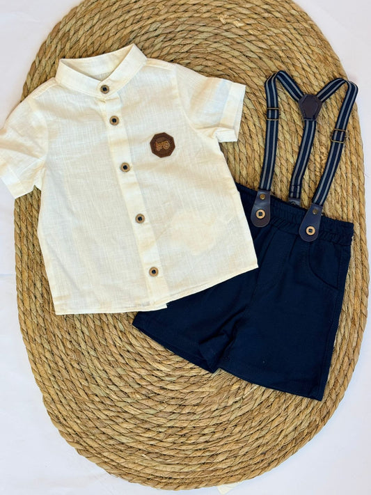 Linen Shirt & Shorts with Suspenders