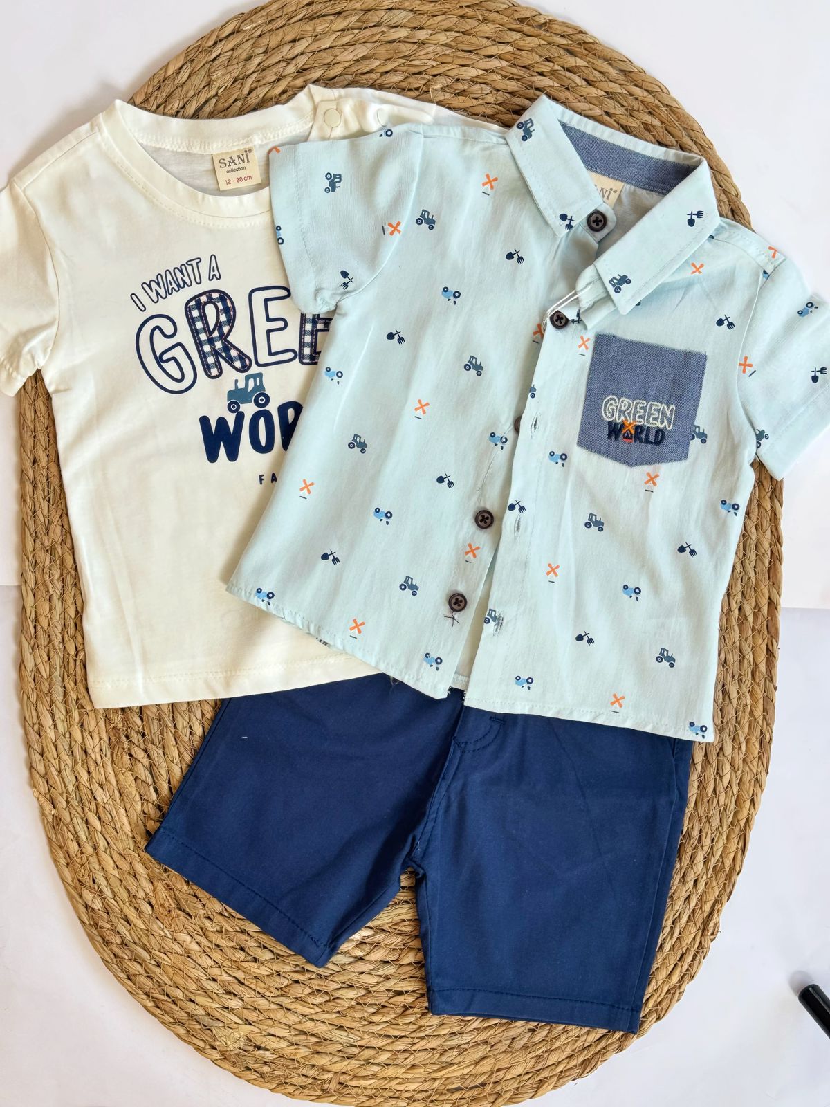 3 pieces Baby Boy Set / Chemise , Tshirt & Shorts