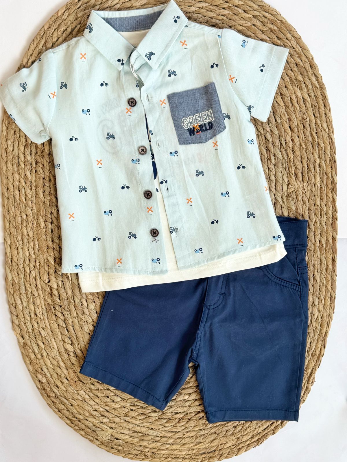 3 pieces Baby Boy Set / Chemise , Tshirt & Shorts
